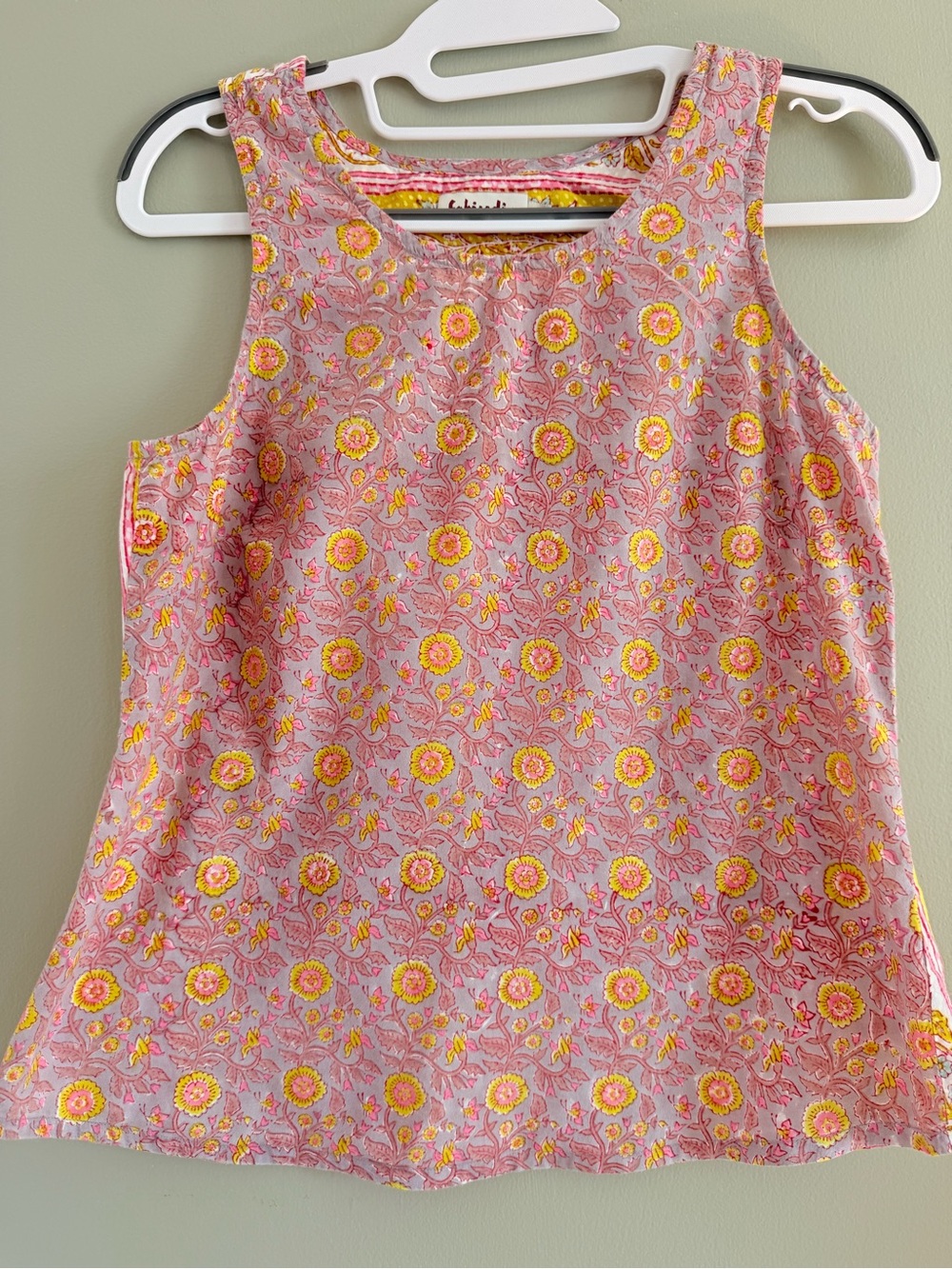 Fabindia Cotton Floral Block Print Tank Top Contrast Back Pink Yellow Small